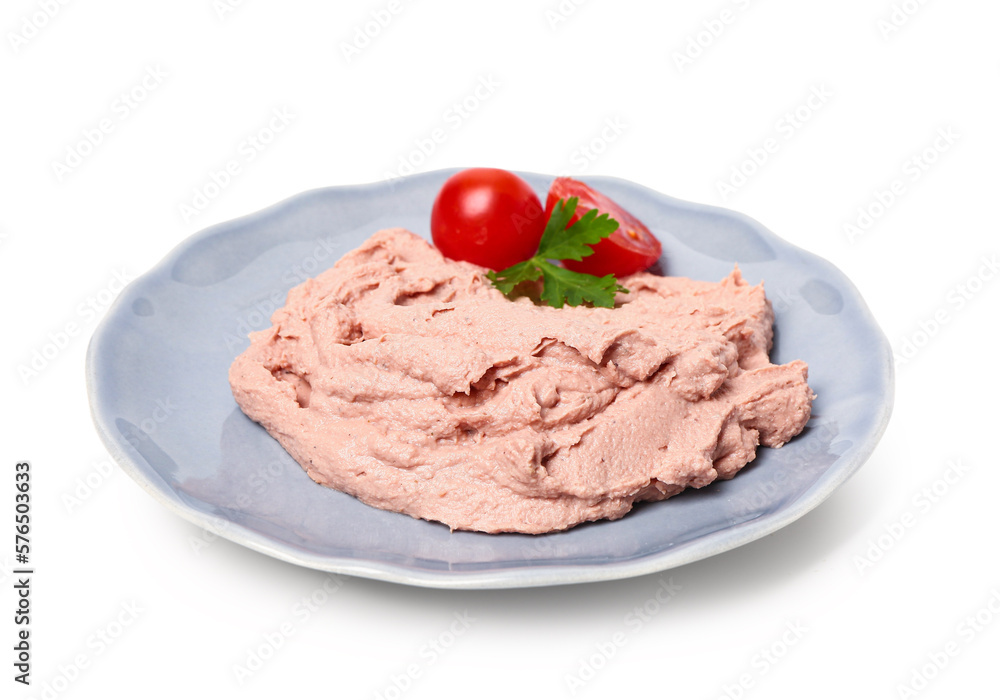 Plate with tasty pate and tomatoes on white background