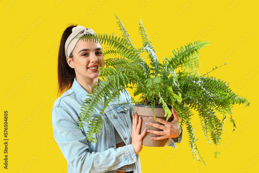 Young woman with green houseplant on yellow background