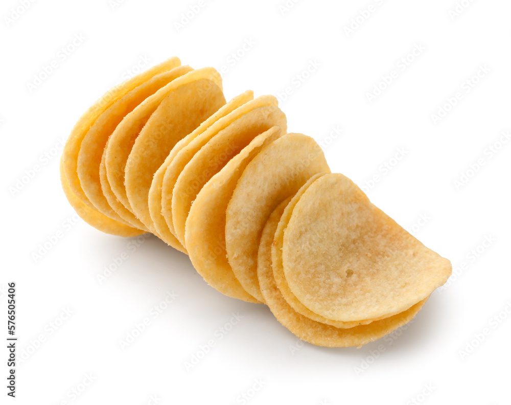 Stack of delicious potato chips isolated on white background