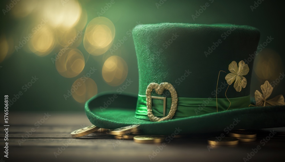 Green St. Patricks hat with shamrock and golden coins background