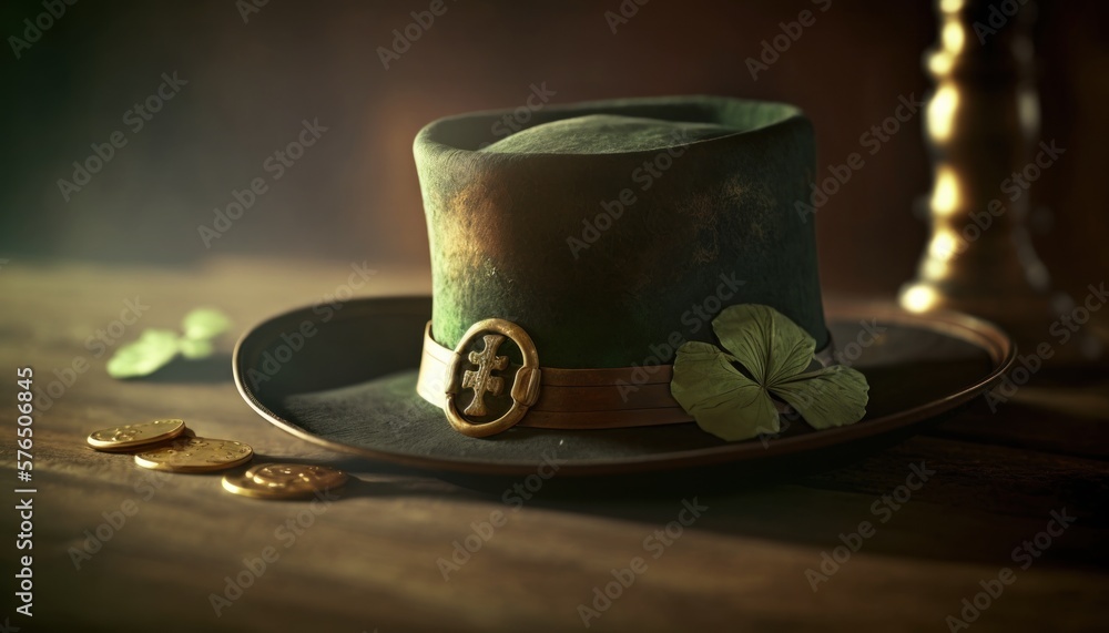 Green St. Patricks hat with shamrock and golden coins background