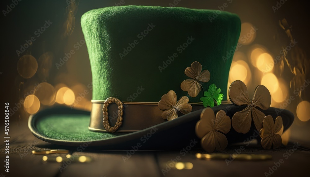 Green St. Patricks hat with shamrock and golden coins, background