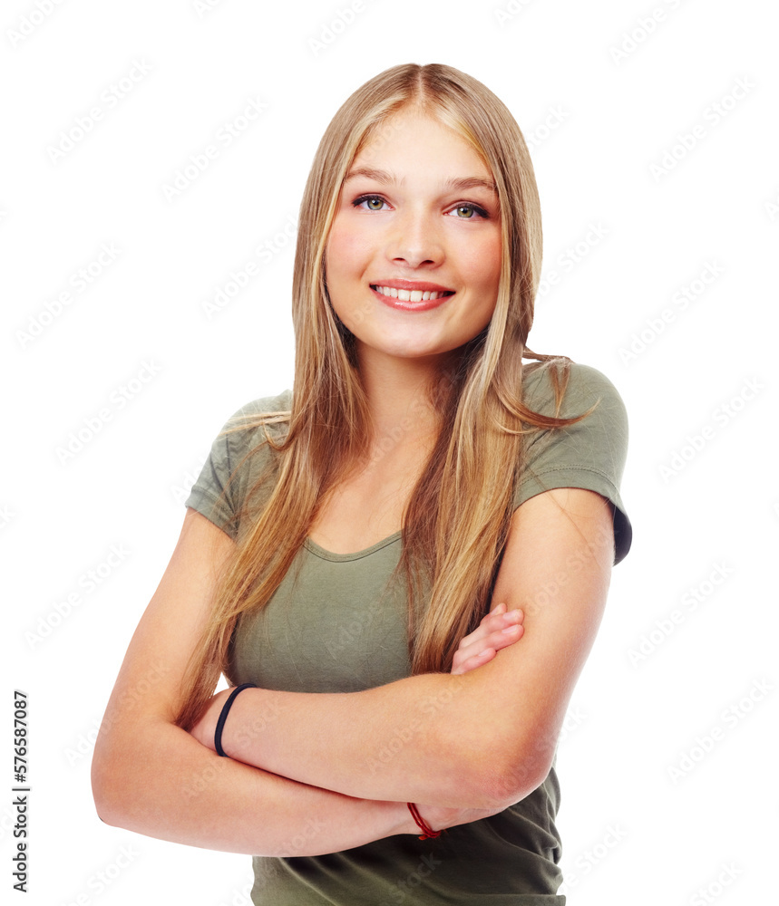 A happy and beautiful teenage girl or model standing with a confident smile and arms crossed with a 