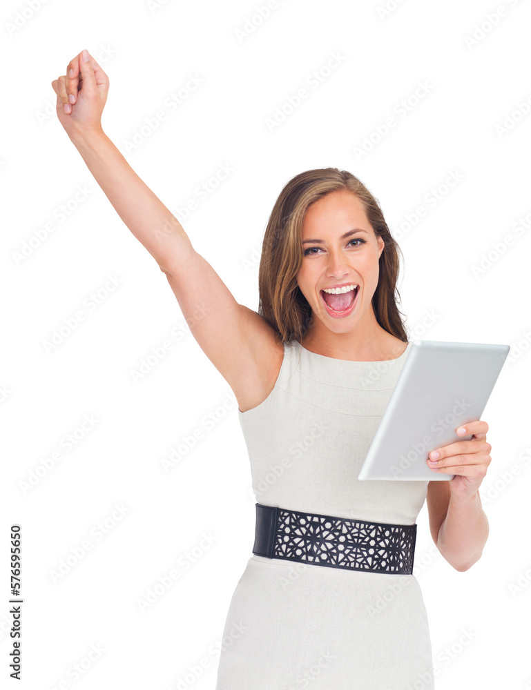 A successful businesswoman with a touchscreen tablet celebrating his victory in achieving victory ov