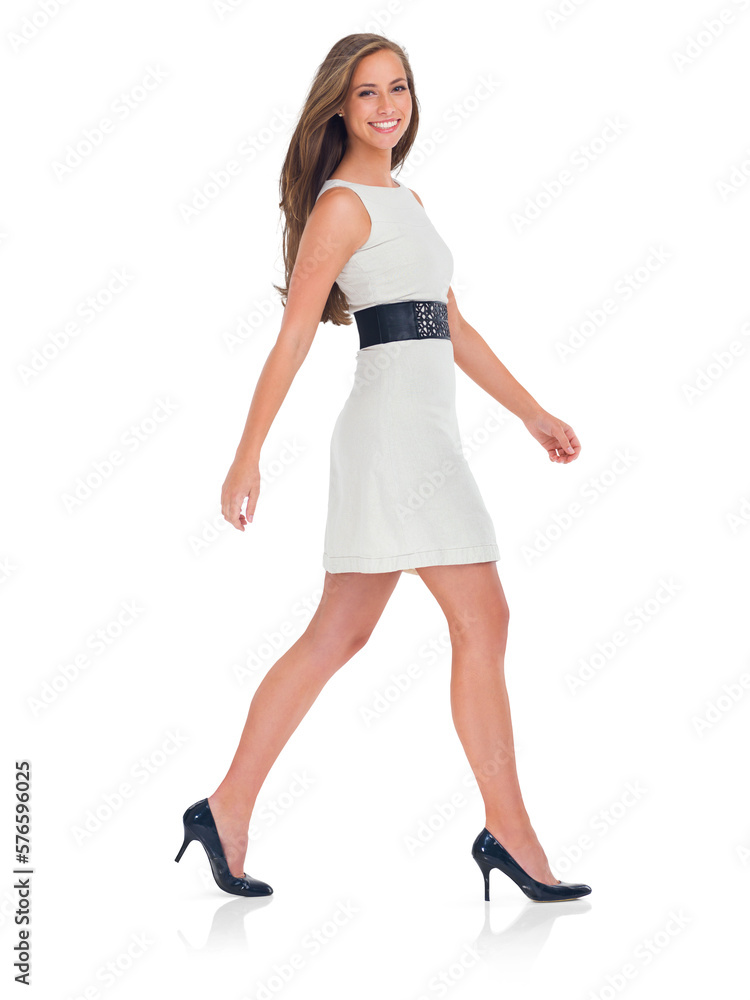 An attractive young female or a modern woman walking with confidence in a copyspace and planning for