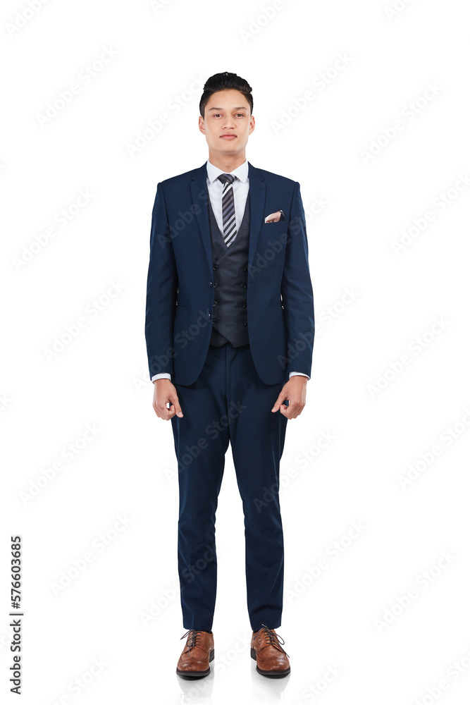 An confident young asian male model or intern in a trendy suit posing for a profile picture of photo