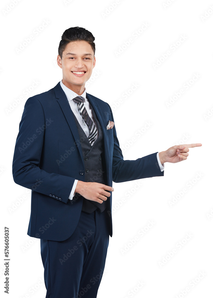 An assertive or confident Asian male model pointing at a copy space as a gesture at a financial inve