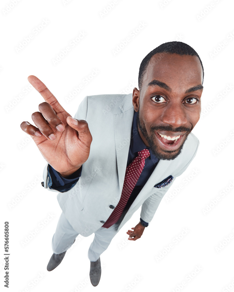 A high-angle view of a young sophisticated male model or a financial or stock advisor pointing at a 