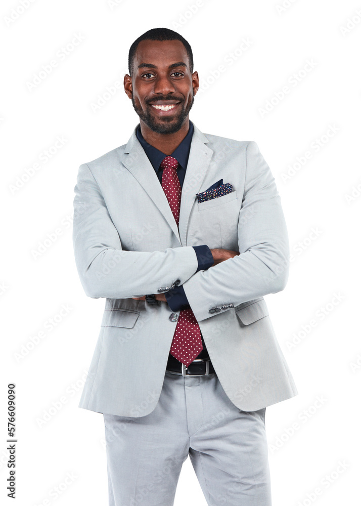 A handsome young black afro American male model in designer suit standing with crossed arms and prom