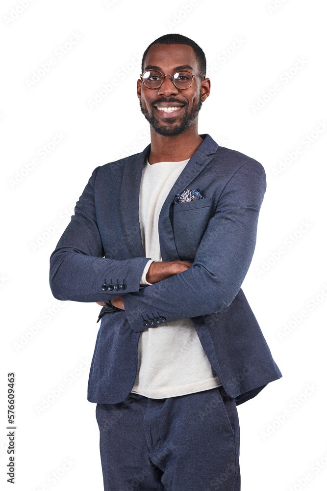 A young confident business manager standing with arms crossed and in a vision and thinking about inn