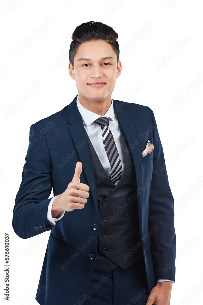 A handsome young business manager in corporate wear showing a thumbs up sign as success in a mission