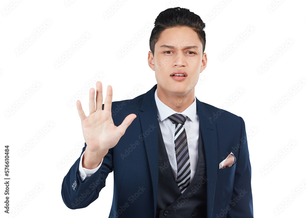 An angry young businessman or corporate employee in corporate suit standing with a stop or no gestur