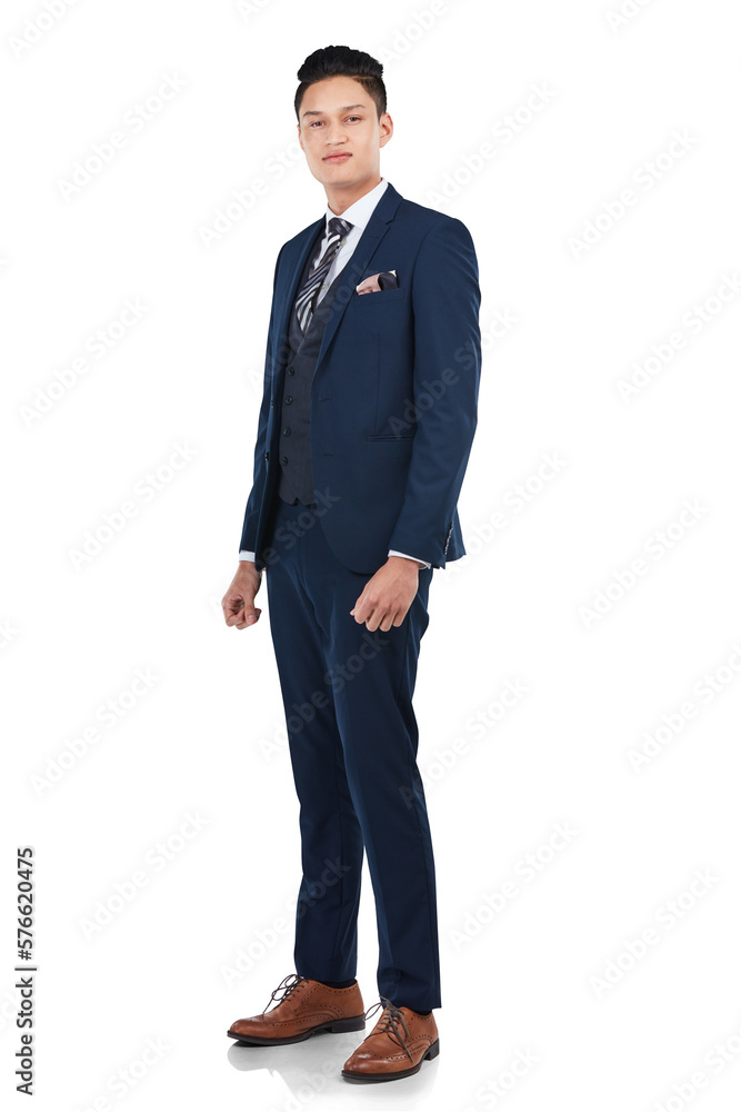 Smiling handsome young businessman in a formal suit feeling relaxed and confident, standing and look