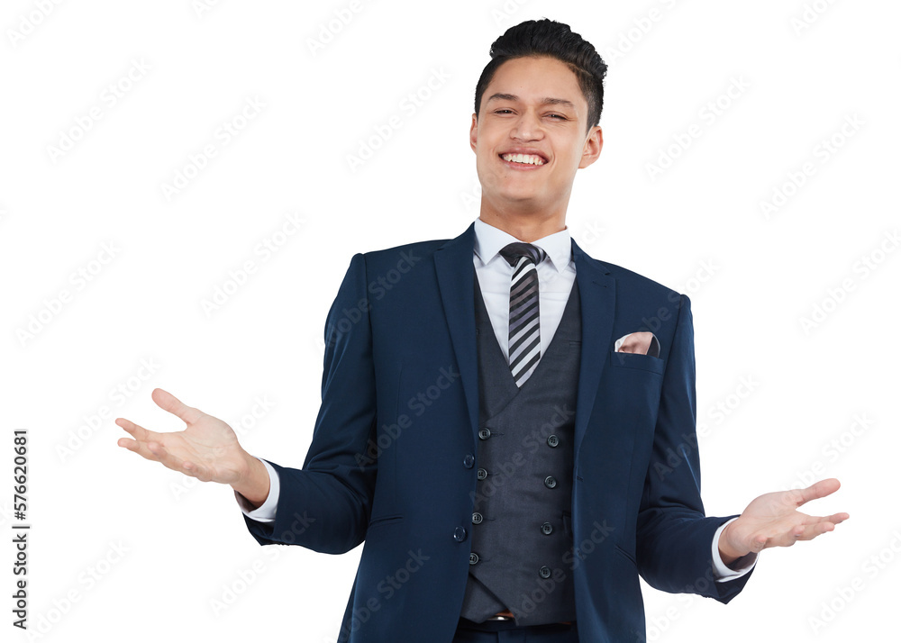 An assertive Asian professional stock investor or broker in a trendy business suit giving a shruggin