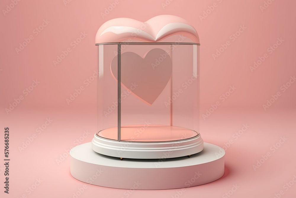 Simple image of a blank podium decorated for Valentines Day. Mockup of a display case for showcasin