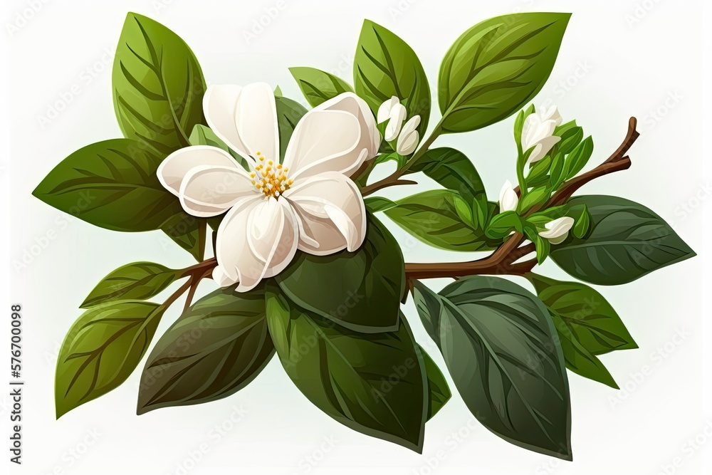 Snowy jasmine. Soft blossoms of spring bloom on a tree branch. Generative AI