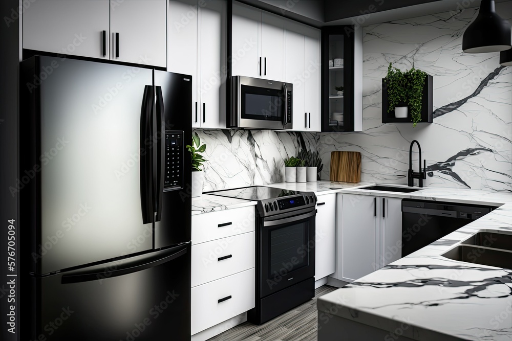 White marble countertops and backsplashes complement the modern black appliances in this kitchen. Li