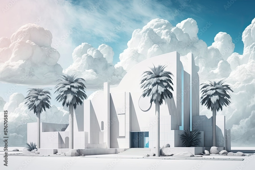 Piece of a white concrete houses exterior, some palm trees, and a cloudy blue sky make up this abst