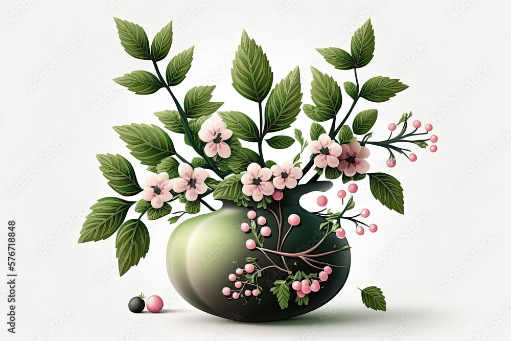 On a white background, a vase with a blossoming pink cherry branch. Generative AI