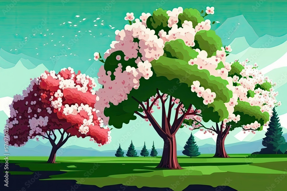 Spacing of cherry trees with their flowers. Generative AI