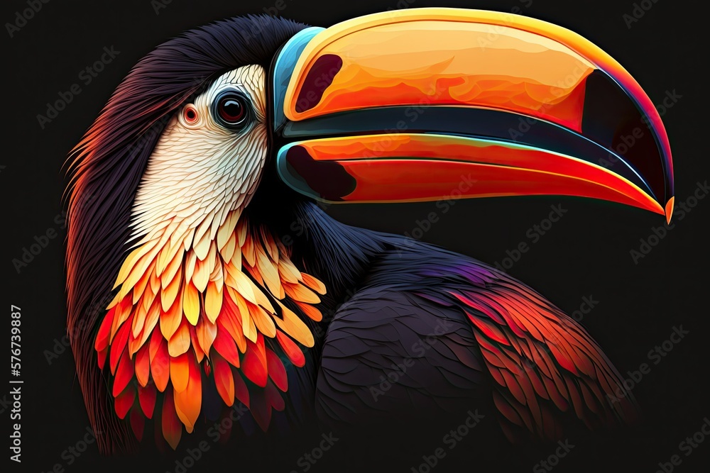 The close up of a magnificent toucan reveals an exotic beautiful bird with a massive powerful beak. 