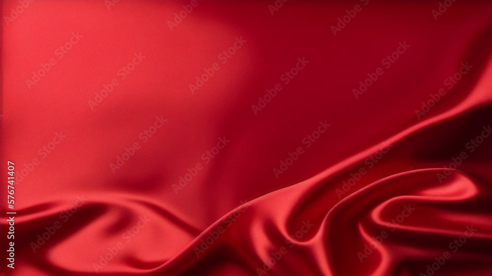 Beautiful bright background of red scarlet satin fabric with drapery. AI generated.