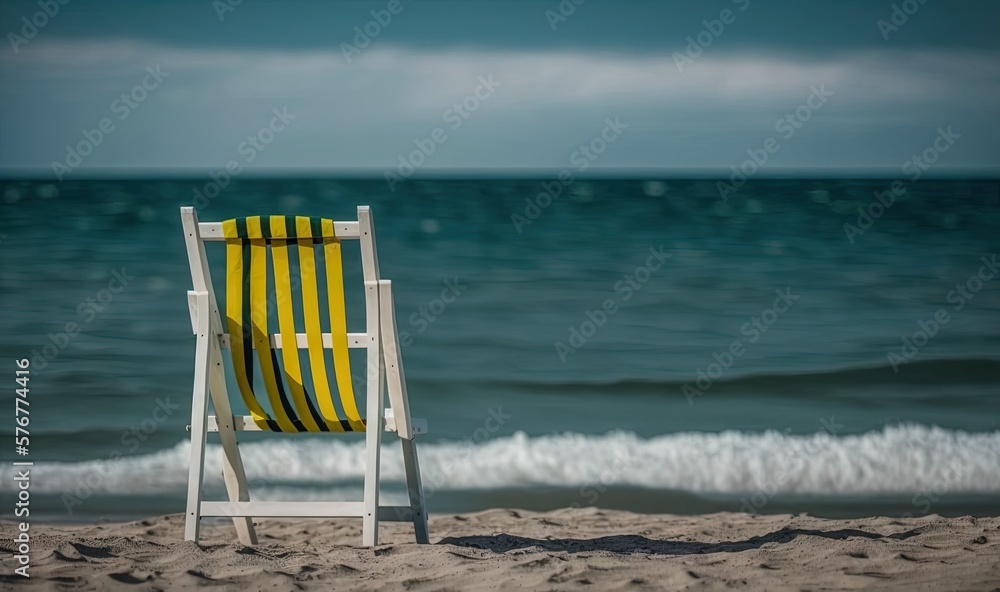  a yellow and white chair sitting on top of a sandy beach next to the ocean and a wave coming in to 