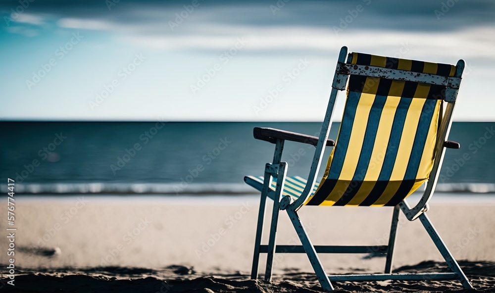  a yellow and black striped chair on a beach next to the ocean and the ocean in the distance with a 