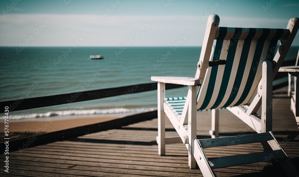  a couple of chairs sitting on top of a wooden deck next to the ocean with a boat in the water in th