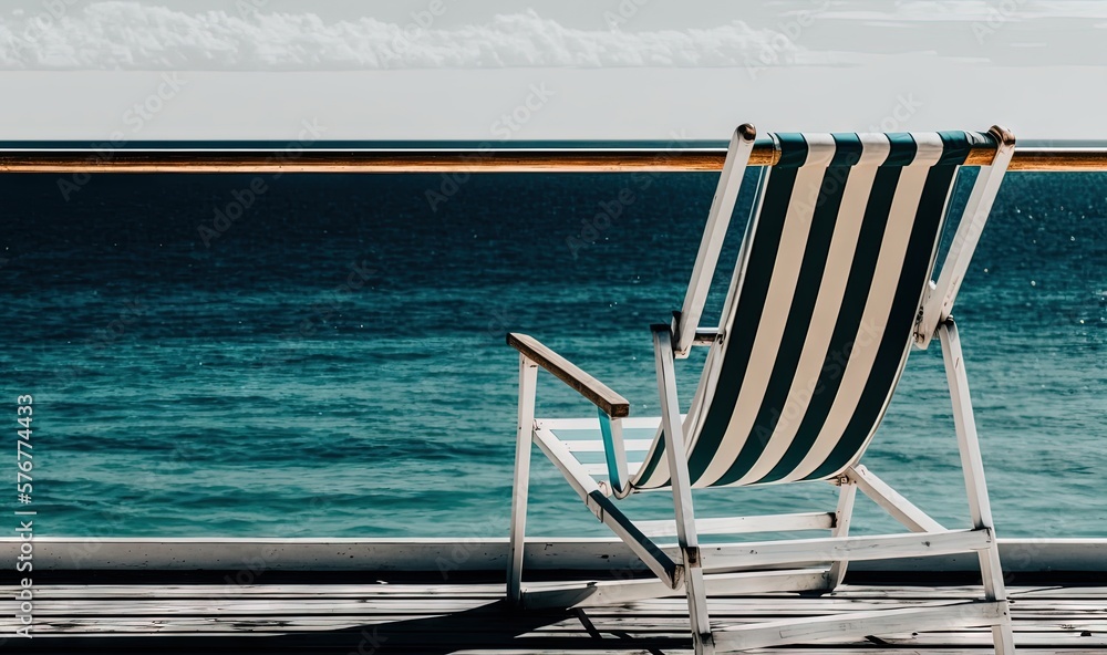  a chair sitting on a deck overlooking a body of water with a railing in front of it and a yellow li