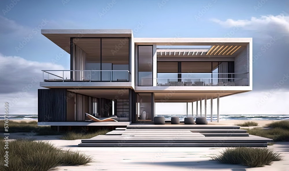  a rendering of a house on the beach with stairs leading up to the upper level of the house and the 