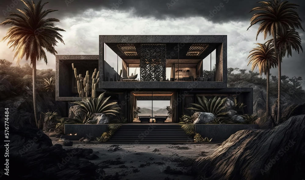  a house in the middle of a desert with palm trees and a staircase leading up to the upper level of 