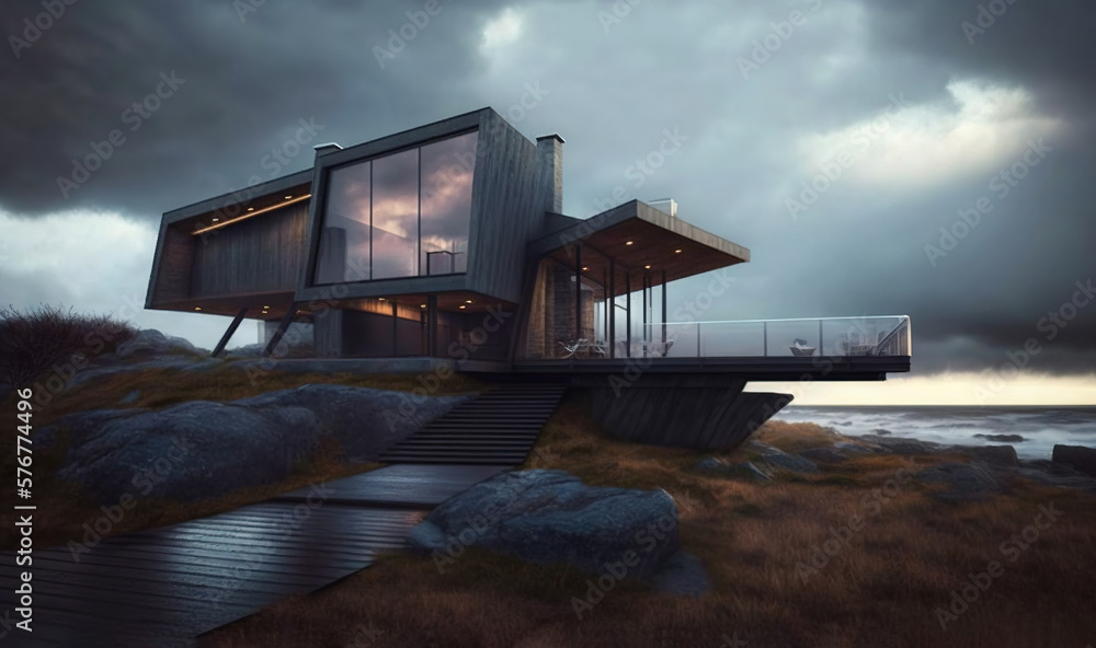  a house sitting on top of a hill next to a body of water under a cloudy sky with a staircase leadin