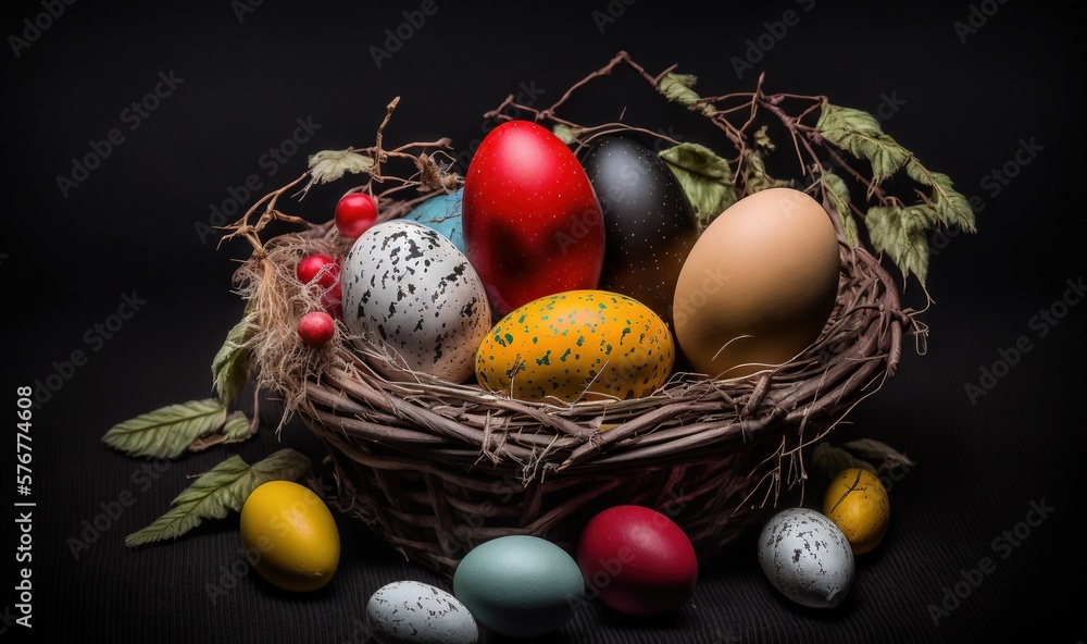  a basket filled with different colored eggs on top of a black tablecloth with leaves and branches a