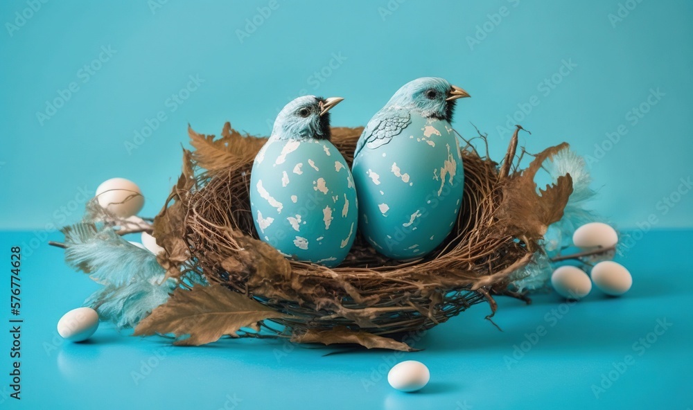  a couple of blue eggs sitting in a nest with feathers and eggs around them on a blue background wit