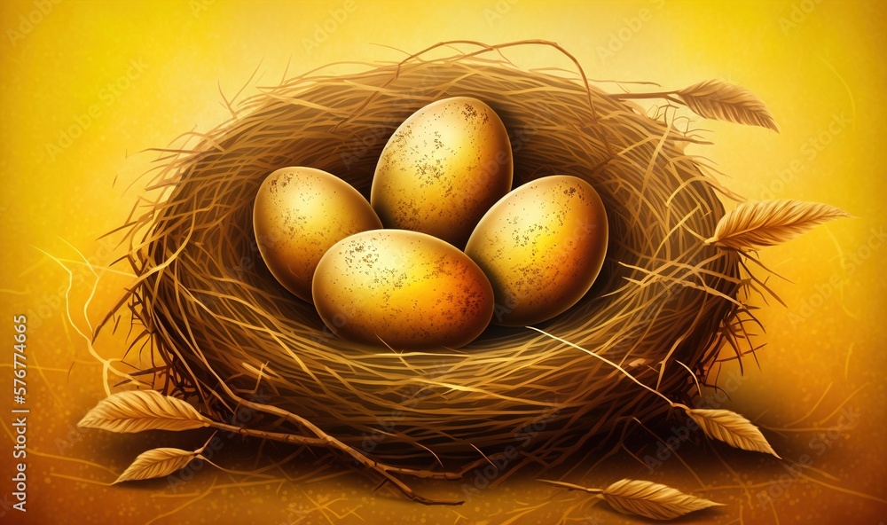  a painting of three eggs in a nest with leaves on a yellow background with a yellow background and 