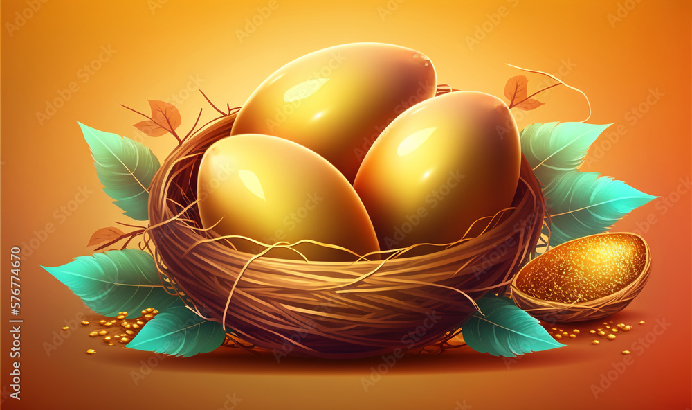  a basket of eggs with leaves and a golden egg on a red background with a golden egg in the center o