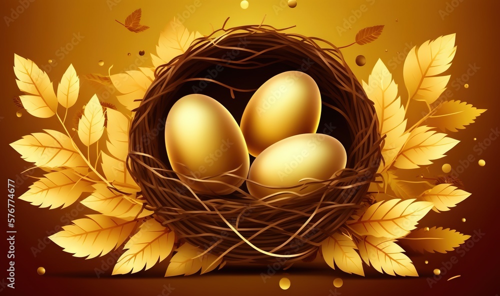  a bird nest with three eggs in it surrounded by leaves and autumn leaves on a brown background with