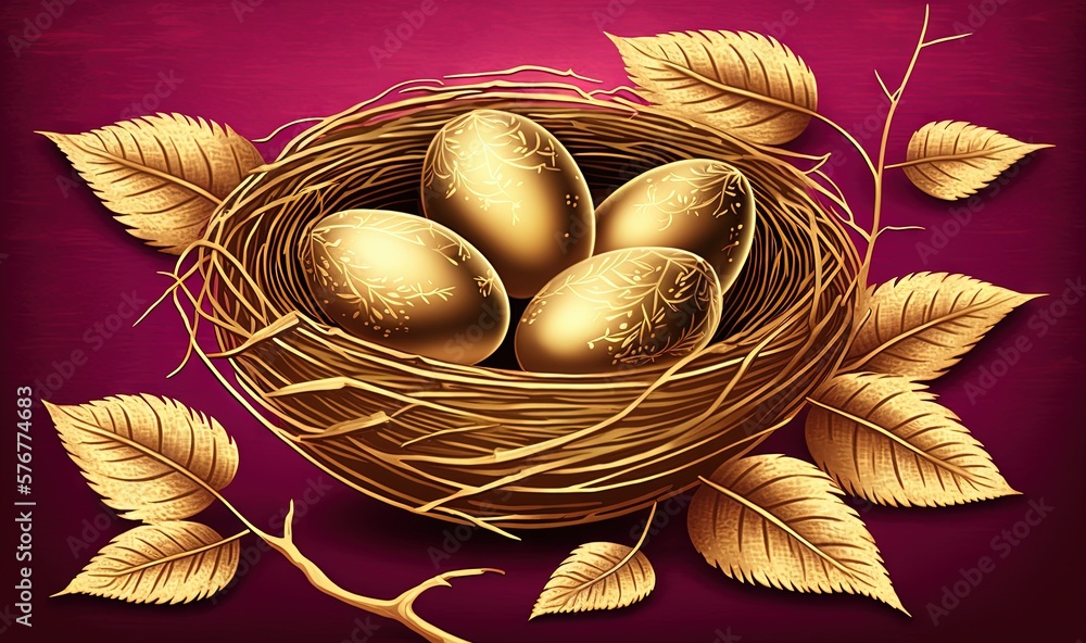  a bird nest with three golden eggs in it on a purple background with leafy branches and a red backg