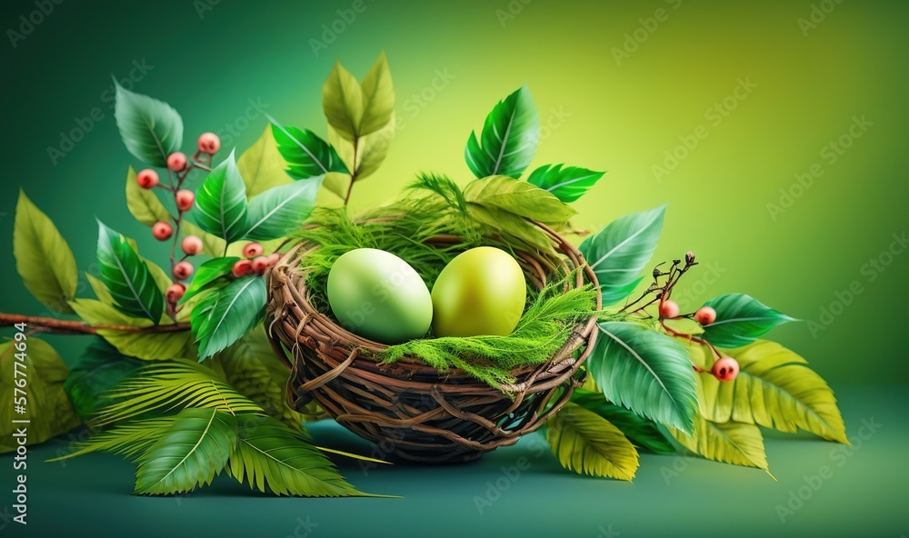  a bird nest with three eggs in it surrounded by green leaves and berries on a green background with