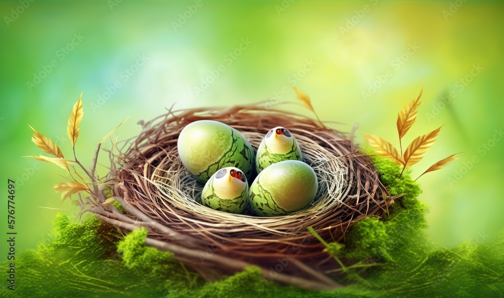  a bird nest with four eggs in it on a green leafy surface with a bright green and yellow background