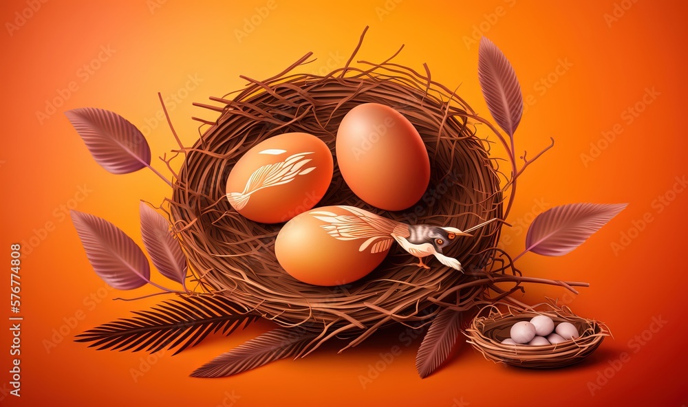  a nest with three eggs and a birds nest with three eggs in it on an orange background with leaves 