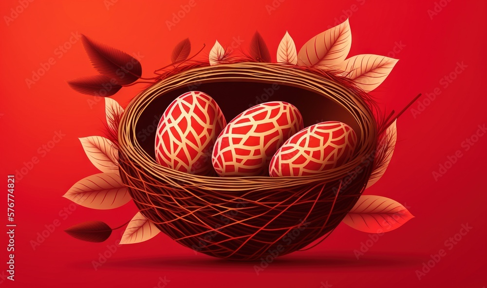  a bird nest filled with three eggs on top of a red background with leaves and a birds nest on top 