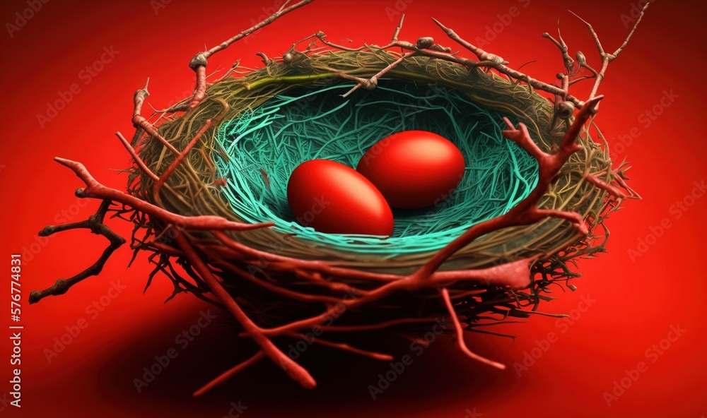  two red eggs in a nest on a red background with branches and branches around it, with a red backgro