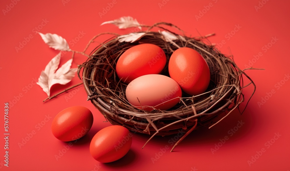  a nest of eggs on a red background with three eggs in the nest and two leaves on the side of the ne