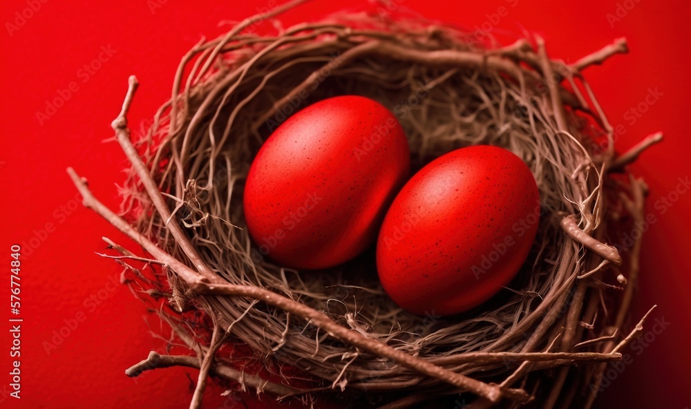  two red eggs in a nest on a red background with a red wall in the back ground and a red wall in the