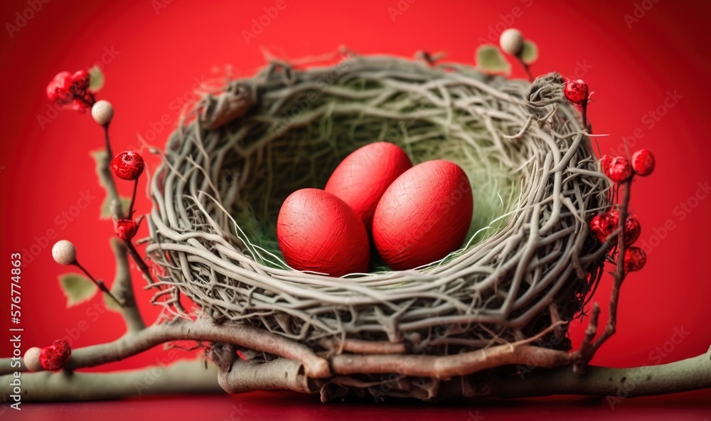  three red eggs in a nest on a branch with a red wall in the back ground and a red wall in the back 