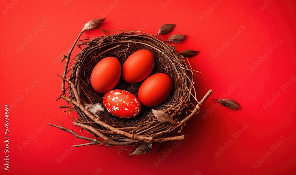  a nest with three eggs on a red background with a red wall in the background and a birds nest with