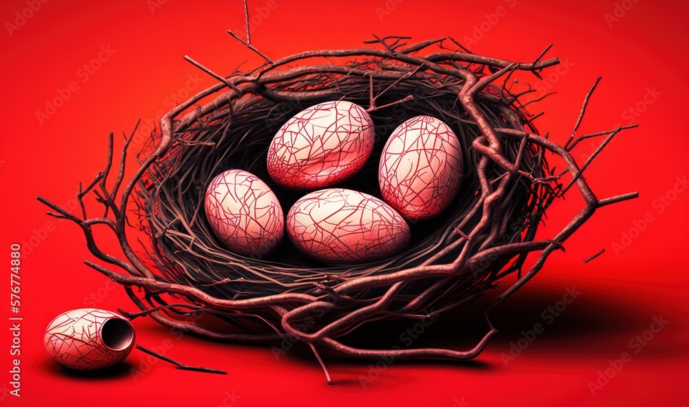  a nest with four eggs sitting on top of a red surface next to a red wall with a red background and 