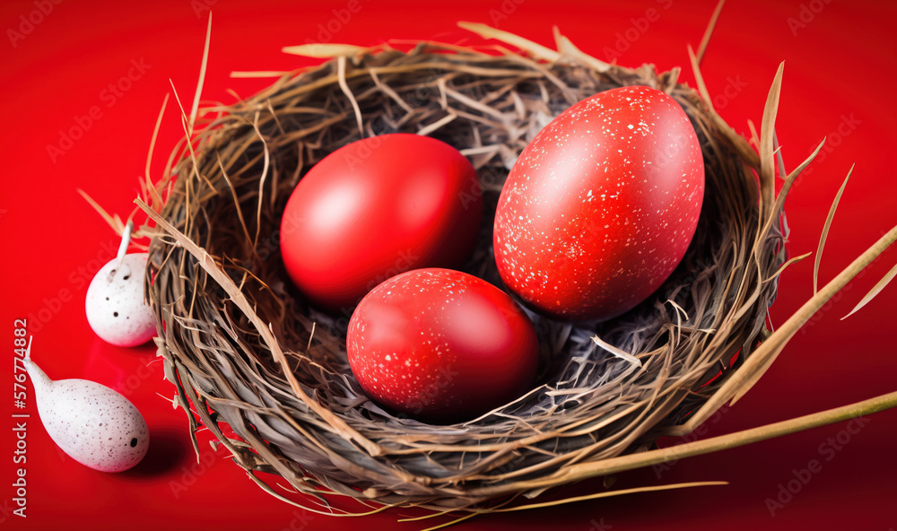  three red eggs in a nest on a red background with two white eggs in the center of the nest and one 